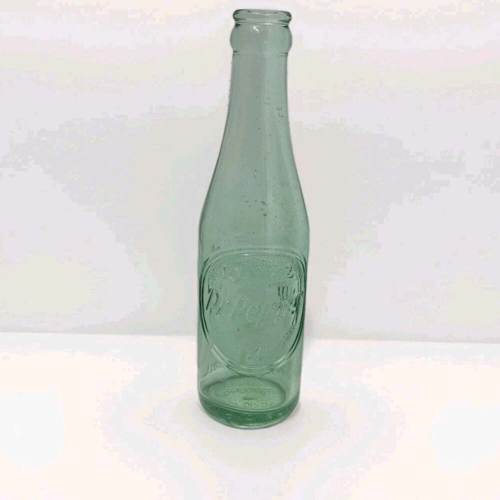 Vintage Dr Pepper 10-2-4 Green Glass ACL Soda Bottle 8.25” Mid Century